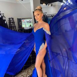 Jovani Blue Size 2 One Shoulder Cape Plunge Prom Side slit Dress on Queenly
