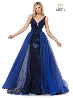 Style 28056 Lucci Lu Blue Size 14 Jersey Floor Length Tall Height Ball gown on Queenly