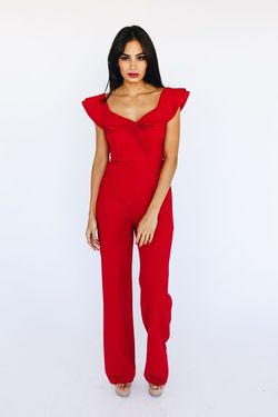 Style LJP4698 Luxxel Red Size 6 Tall Height Floor Length Office Jumpsuit Dress on Queenly