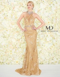 Style 66461 Mac Duggal Gold Size 4 Train Pageant Lace Mermaid Dress on Queenly
