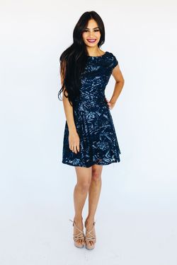 Style 43517497 Minuet Blue Size 6 Flare Sequin Jewelled Midi Cocktail Dress on Queenly