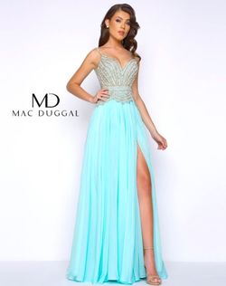 Style 50392 Mac Duggal Blue Size 8 Prom Teal Floor Length Side slit Dress on Queenly