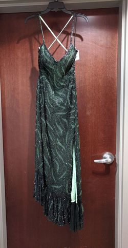 Style 8262 Sherri Hill Green Size 8 Tall Height Jewelled Sequined Side slit Dress on Queenly