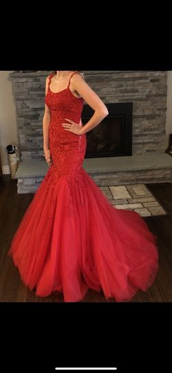 Sherri Hill Red Size 2 Floral Tulle Boat Neck Floor Length Mermaid Dress on Queenly