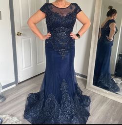 Jovani Blue Size 10 Floor Length Train Mermaid Dress on Queenly