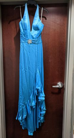 Style P10212 Precious Formals Blue Size 10 Floor Length Halter Straight Dress on Queenly