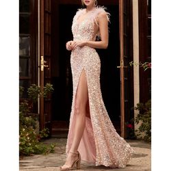 Style  Blush Sweetheart Neckline Feather & Sequined Gown Cinderella Divine Pink Size 4 Floor Length Side slit Dress on Queenly