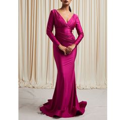 Style Magenta Ruched V-neck Long Sleeve Satin Mermaid Gown Bicici & Coty Pink Size 2 Jersey Mermaid Dress on Queenly