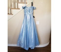 Style  Off The Shoulder Sparkle Metallic Gown Cinderella Divine Blue Size 10 Prom Bridgerton Pockets Silk 50 Off Ball gown on Queenly