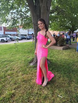 Style 9238 Sherri Hill Hot Pink Size 2 Sequin Side slit Dress on Queenly