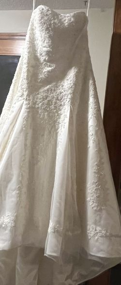 Style CWG394 David's Bridal - Oleg Cassini White Size 16 Tall Height Cotillion Strapless Ball gown on Queenly