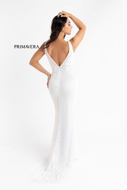 Style 3723 Primavera White Size 10 Sequin Prom Jewelled Side slit Dress on Queenly