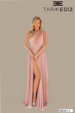 Style 98063 Tarik Ediz Pink Size 10 Tulle Floor Length Side slit Dress on Queenly