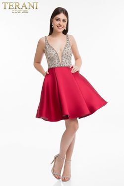 Style 1821H7771 Terani Couture Red Size 10 Floor Length Homecoming Sequin Midi Cocktail Dress on Queenly