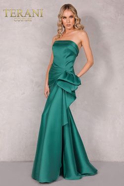 Style 2111P4019 Terani Couture Green Size 12 Floor Length Silk Prom Side slit Dress on Queenly
