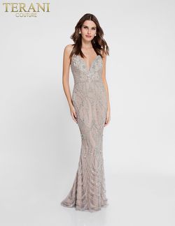 Style 1811GL6425 Terani Couture Silver Size 8 Tall Height Floor Length Straight Dress on Queenly