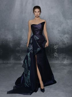 Style 96071 Tarik Ediz Blue Size 12 Plus Size Floor Length Side slit Dress on Queenly