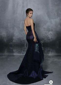 Style 96071 Tarik Ediz Blue Size 12 Plus Size Floor Length Side slit Dress on Queenly