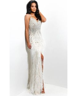 Style 7366 Jasz Couture White Size 2 Fitted Jersey Jewelled Side slit Dress on Queenly