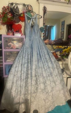 Camille La Vie Light Blue Size 10 Floor Length Shiny Ball gown on Queenly