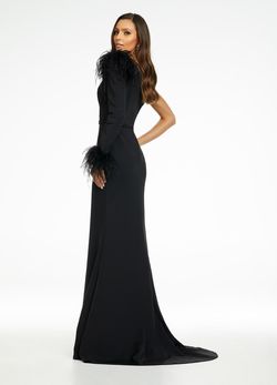 Style 11131 Ashley Lauren Black Size 4 Tall Height Floor Length Feather Straight Dress on Queenly