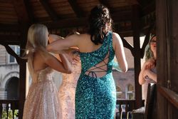 Ashley Lauren Blue Size 8 Side Slit Teal Jewelled A-line Dress on Queenly