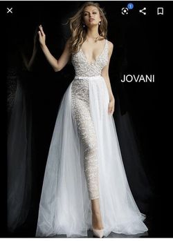 Jovani White Size 2 Sequin Overskirt Bachelorette Bridal Shower Jumpsuit Dress on Queenly