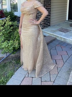 Custom made Gold Size 8 Floor Length Black Tie Military Mermaid Dress on Queenly