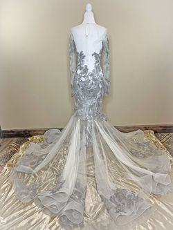Juan Carlos Pinera - NWT Silver Size 4 Shiny Sleeves Silk 70 Off Sheer Mermaid Dress on Queenly