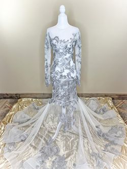 Juan Carlos Pinera - NWT Silver Size 4 Shiny Sleeves Silk 70 Off Sheer Mermaid Dress on Queenly