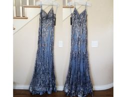 Style Dusty Blue Sequined Glitter Sheer Corset Gown Dylan & David Blue Size 0 Fitted Sequined Military Mermaid Dress on Queenly