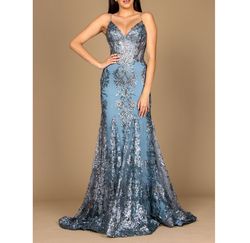 Style Dusty Blue Sequined Glitter Sheer Corset Gown Dylan & David Blue Size 0 Fitted Sequined Military Mermaid Dress on Queenly