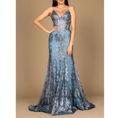 Style Dusty Blue Sequined Glitter Sheer Corset Gown Dylan & David Blue Size 8 Dylan And David Floor Length Bustier Black Tie Mermaid Dress on Queenly