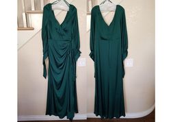 Style Emerald Green Long Sleeve Satin Sweetheart Neck Gown Cinderella Divine Green Size 12 Sleeves A-line Train Side slit Dress on Queenly