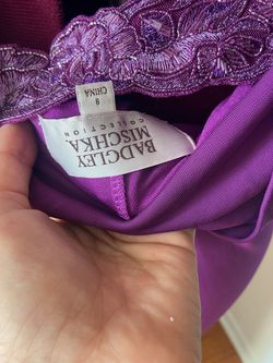 Style EG1528 Badgley Mischka Purple Size 8 Badgely Miscka  Black Tie Sheer Straight Dress on Queenly
