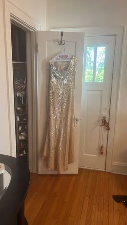 Terani Couture Gold Size 8 Floor Length 50 Off One Shoulder Midi Cocktail Dress on Queenly