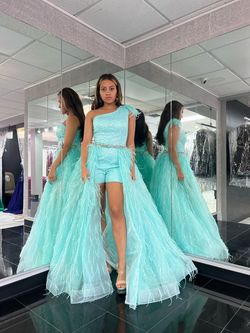 Style 50139 Rachel Allan Blue Size 6 Pageant Turquoise Belt Jumpsuit Dress on Queenly