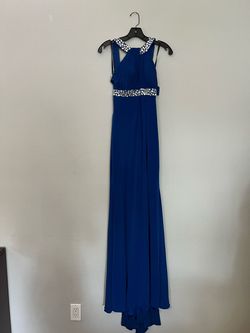 Jovani Royal Blue Size 2 Floor Length Black Tie High Neck Side slit Dress on Queenly