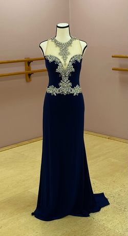 Jovani Blue Size 4 Prom Navy High Neck Train Dress on Queenly
