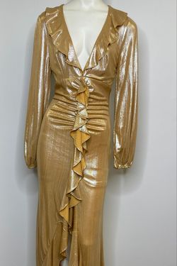 Style K7324 WOW Couture Gold Size 2 Long Sleeve Side slit Dress on Queenly
