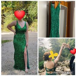 Style 53450 Sherri Hill Green Size 6 Side slit Dress on Queenly