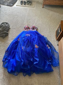 Angela and Alison Blue Size 14 Plus Size Embroidery Ball gown on Queenly