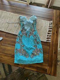 Primavera Blue Size 00 Sequined Embroidery Summer Euphoria Cocktail Dress on Queenly