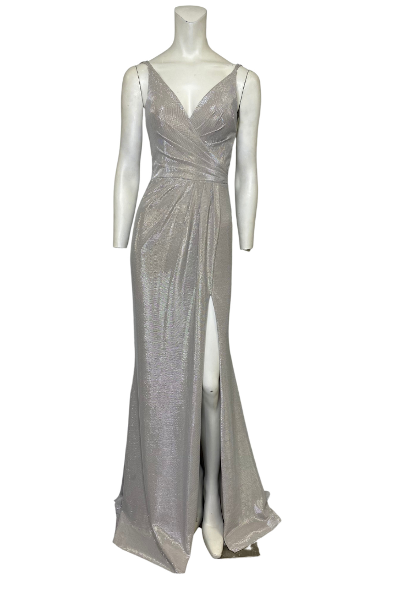 Style 10257 Faviana Silver Size 0 Prom V Neck Side slit Dress on Queenly