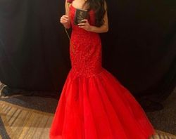 Jovani Bright Red Size 2 Tulle Mermaid Dress on Queenly