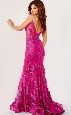 Jovani Pink Size 6 Train Magenta Plunge Sequined Barbiecore Mermaid Dress on Queenly