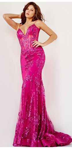 Jovani Pink Size 6 Train Magenta Plunge Sequined Barbiecore Mermaid Dress on Queenly