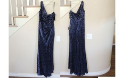 Style Navy Blue One Shoulder Sequined Gown  Cinderella Divine Blue Size 10 Sweetheart Floor Length Side Slit Mermaid Dress on Queenly