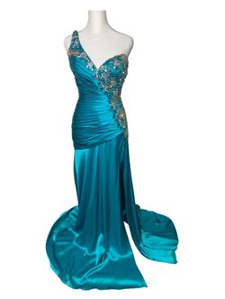 Sherri Hill Blue Size 6 Prom Asymmetrical Sequin Side slit Dress on Queenly