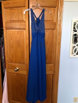 Jovani Blue Size 2 Plunge Free Shipping Floor Length Sequined Straight Dress on Queenly